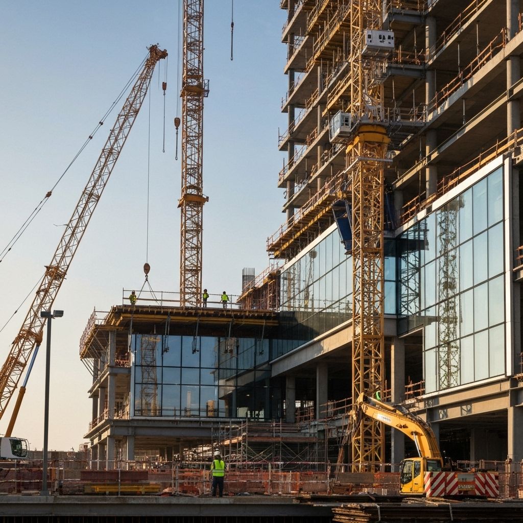 Construction site with architecture, engineering, and construction professionals working